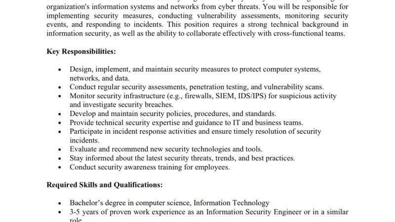 شركة رائدة في غلا – وظيفة شاغرة ( Information Security Engineer )